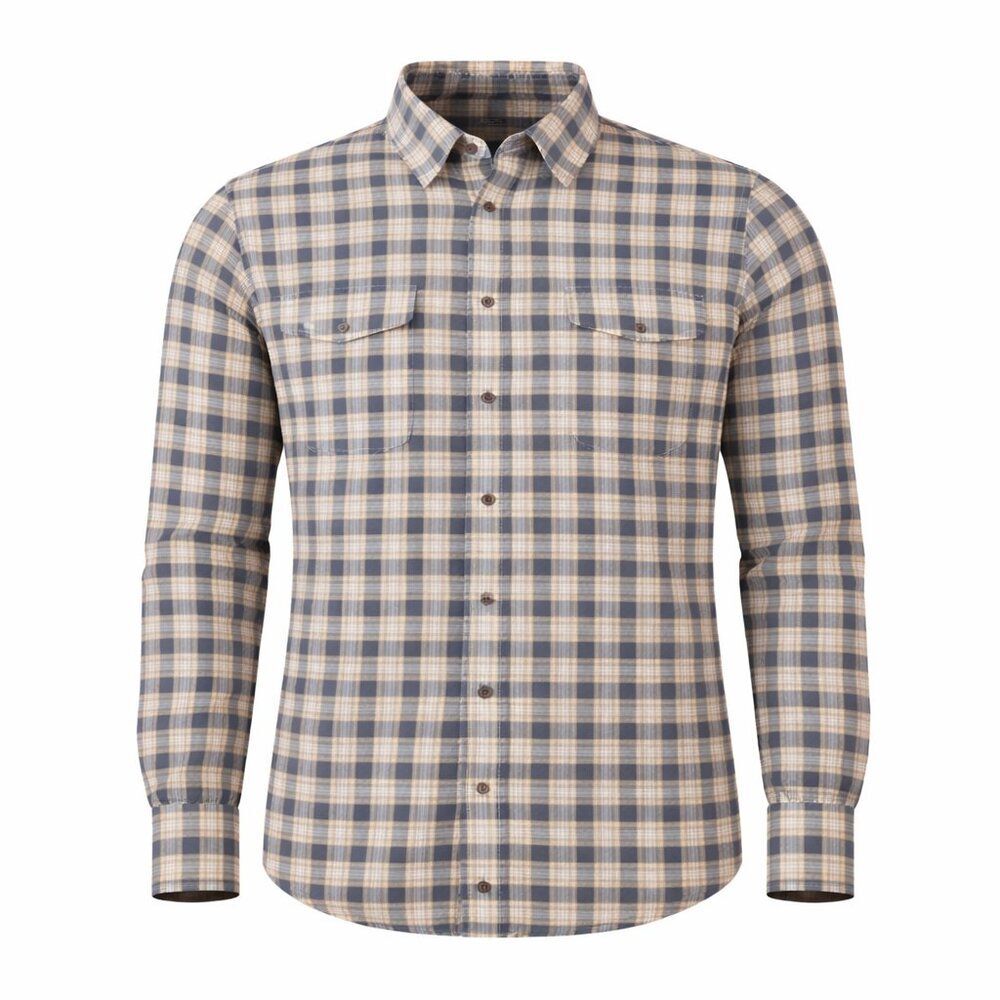 ⭐ Men’s Plaid Button-Down Shirt Long Sleeve Beige Blue Check Casual